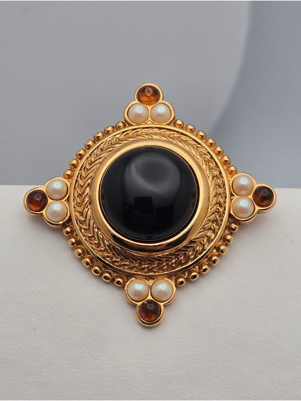 Vintage Monet Gold Tone Brooch Black Stone Faux Pearl Accent Pin Signed
